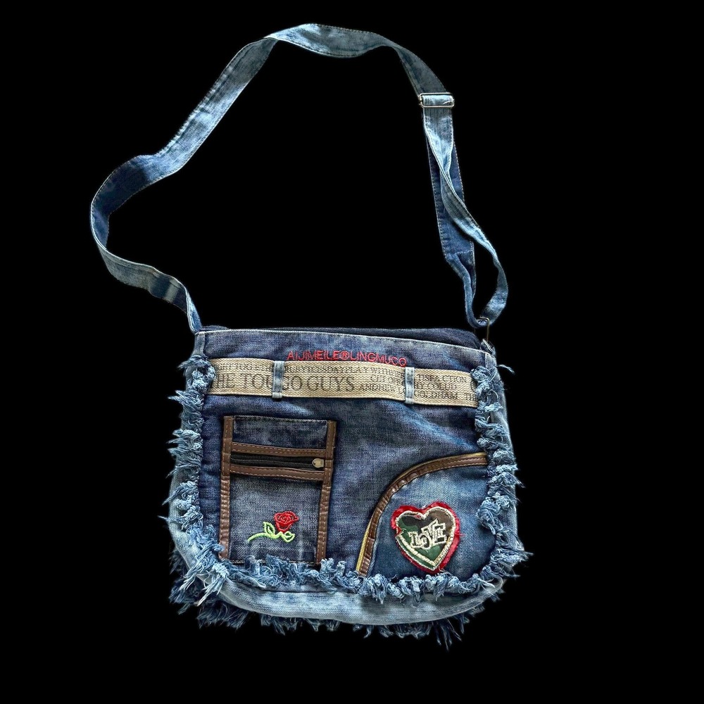 Aijimeile Denim Crossbody Bag‎ Blue Distressed Frayed Y2K Messenger Zip Broken